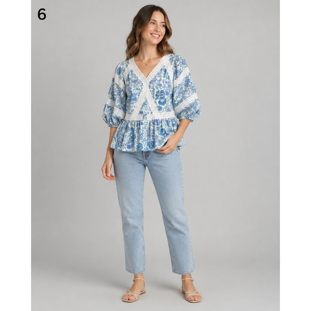 Johnny Was Jade Tunic Top Womens Small White Blue Linen Floral Lace Country Boho